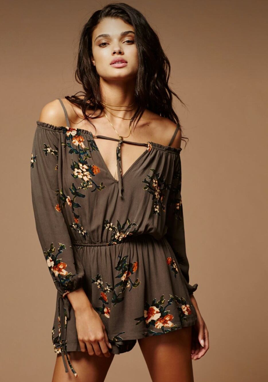 Free People Boho Off Shoulder Long Sleeves Floral Shorts Romper Olive Green XS